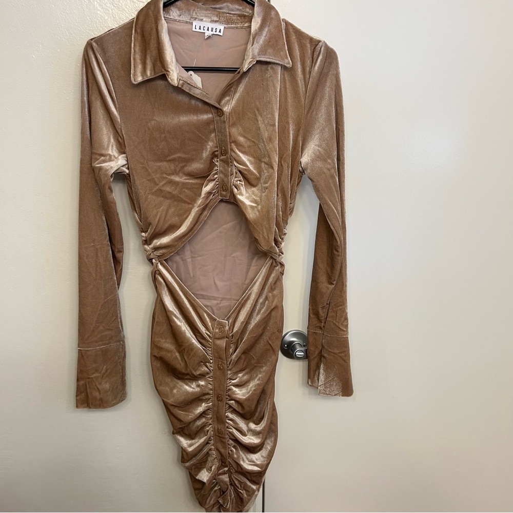 NWT LACAUSA Tan Velvet Cutout Dress Soze Large Style ID4251